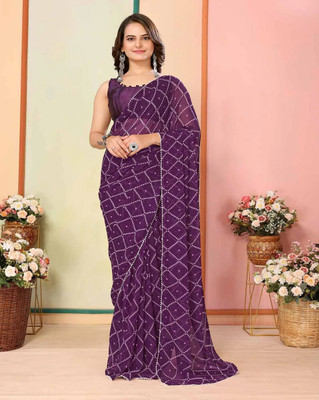 kumawat creation Printed Bandhani Georgette Saree(Purple)