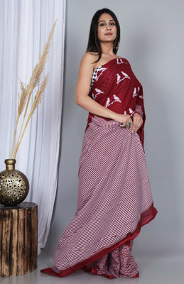 hastshilpi Printed, Blocked Printed, Color Block Daily Wear Pure Cotton Saree(Maroon)