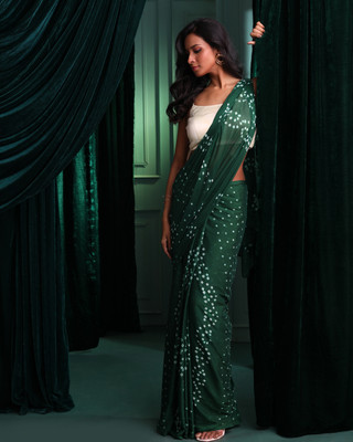 Indethnic Printed Bandhani Polyester Saree(Green)