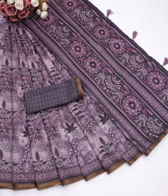 Mugdarra Floral Print Bollywood Silk Blend Saree(Purple)