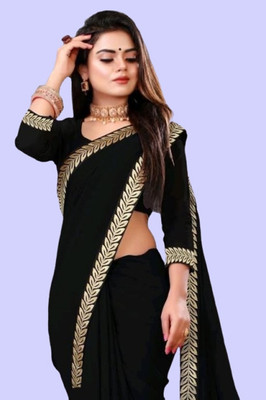 OKTAT Solid/Plain Bollywood Georgette Saree(Black)