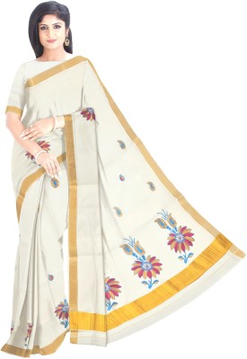 BRINDAVAN CREATIONS Embroidered Kasavu Cotton Blend Saree(White)