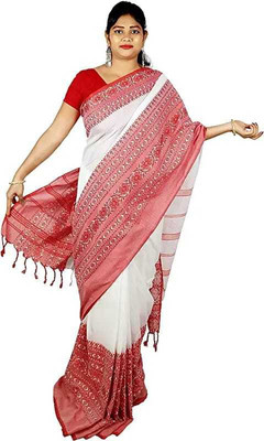 Rnn Solid/Plain Handloom Pure Cotton Saree(Red, White)