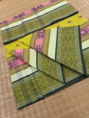KhayaFashion Woven Tant Pure Cotton Saree(Light Green, Yellow)