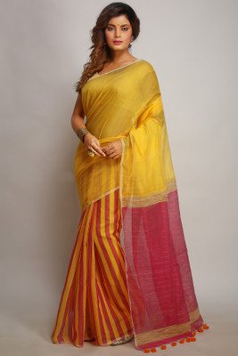 dehi saree Self Design Handloom Cotton Silk Saree(Yellow)
