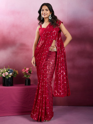 Bluebirdimpex Embellished Bollywood Georgette Saree(Red)