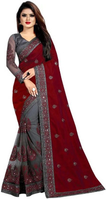 Suali Embroidered Saree with Attached Blouse Net Saree(Maroon)