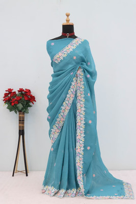 niesha fashion Embroidered, Floral Print Bollywood Chiffon Saree(Light Blue)