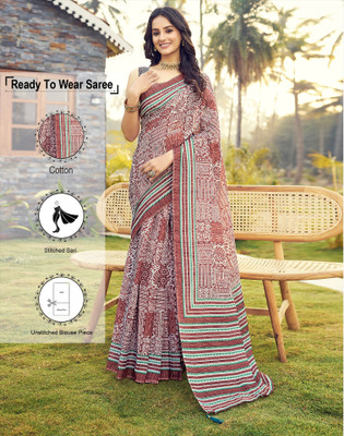 Satrani Floral Print, Geometric Print Bollywood Pure Cotton Saree(Orange, White)