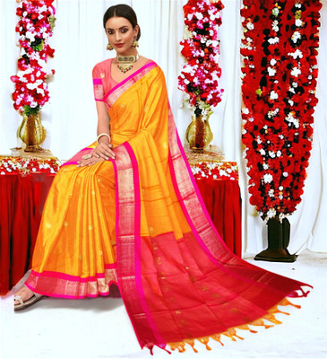 Dnyanada Embroidered Paithani Cotton Silk Saree(Grey, Pink)