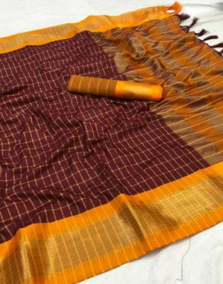 RUHKRUSH Checkered, Woven, Embellished, Self Design Gadwal Cotton Silk, Jacquard Saree(Maroon, Gold)