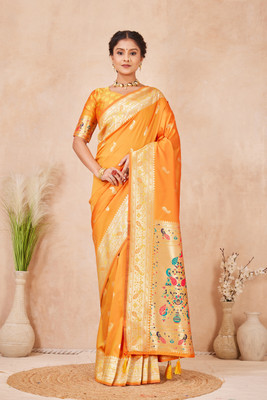HETASH FASHION Woven, Self Design Paithani Pure Silk Saree(Orange)