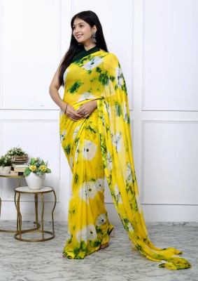 Ashwamegh Creation Checkered, Self Design, Digital Print, Printed, Hand Painted Bandhani Chiffon Saree(Yellow)