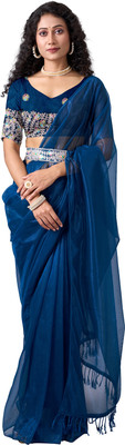 A V M PRINTS Embroidered Bollywood Net Saree(Blue)
