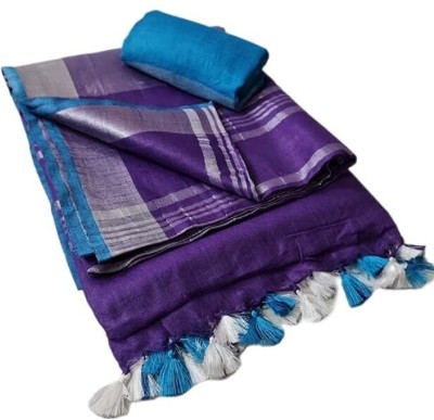 Aamir Fashion Textile Solid/Plain Bhagalpuri Handloom Cotton Linen Saree(Purple)