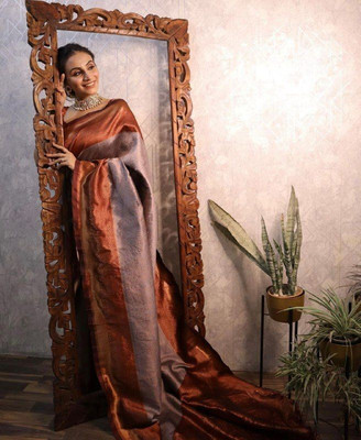 HouseOfCommon Striped Banarasi Pure Silk Saree(Grey)
