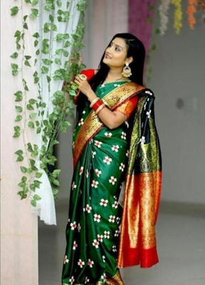 NaziyaSarees Woven Sambalpuri Satin Saree(Dark Green)