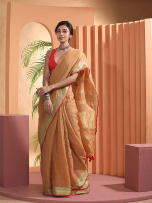 Hatha Karagha Solid/Plain Bhagalpuri Cotton Linen Saree(Beige)