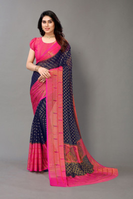 VISIONEMBRO Printed Bollywood Brasso Saree(Dark Blue, Pink)