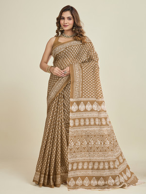 Jevi Prints Printed Daily Wear Pure Cotton Saree(Beige)