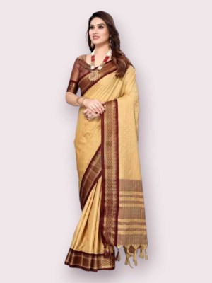 Hytechfashion Printed Tant Cotton Blend Saree(Beige)