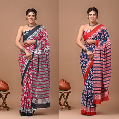 VIBEBAZAAR Blocked Printed Daily Wear Handloom Cotton Blend Saree(Pack of 2, Red, Grey, Blue)