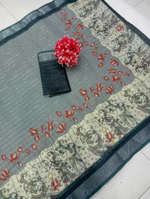 MAANVIT Printed Kanjivaram Pure Cotton, Cotton Linen Saree(Grey)