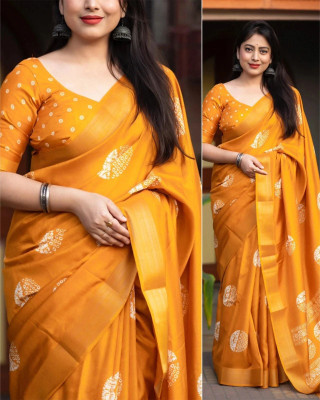 SHREE HARI TEXTILES Woven, Floral Print, Paisley, Temple Border Banarasi Pure Silk Saree(Yellow)