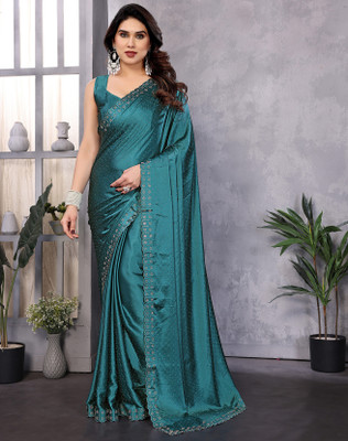 YASHIKA Embellished Bollywood Satin Saree(Blue)
