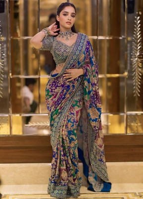 VIHAN COLLECTION Embroidered Bollywood Pure Silk Saree(Multicolor)