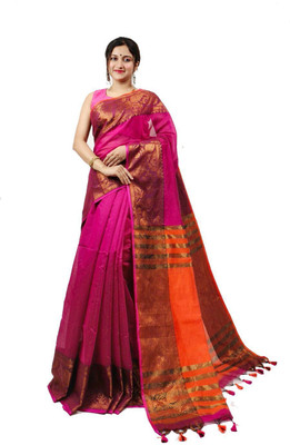 ANU INDIAN FASHION Woven Handloom Cotton Blend Saree(Multicolor)