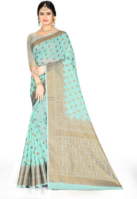 Shopya Woven Kanjivaram Pure Silk, Cotton Silk Saree(Light Blue)