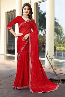 zamuna Solid/Plain, Self Design Daily Wear Georgette Saree(Red)