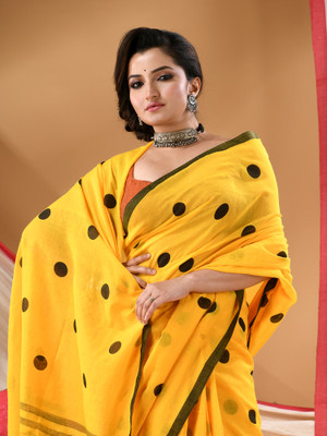 Desh Bidesh Printed Handloom Pure Cotton Saree(Yellow, Black)