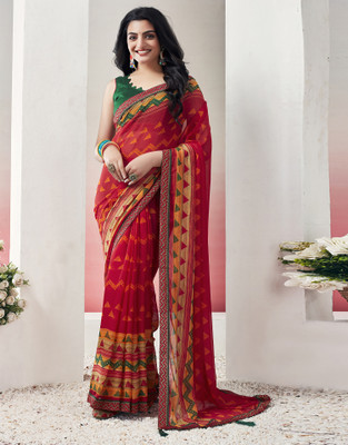 Sangria Geometric Print, Printed Daily Wear Chiffon Saree(Red)