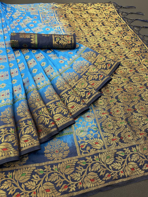 Shopya Woven Kanjivaram Pure Silk, Cotton Silk Saree(Dark Blue, Light Blue)