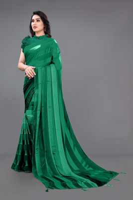 MIRCHI FASHION Striped, Solid/Plain Bollywood Georgette, Satin Saree(Green)