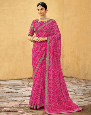 SIRIL Striped, Embellished Bandhani Georgette Saree(Pink)