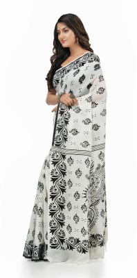 Desh Bidesh Woven, Blocked Printed, Polka Print, Printed Handloom Handloom Cotton Blend, Pure Cotton Saree(Black)