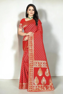 Pikham Self Design Banarasi Art Silk Saree(Red)