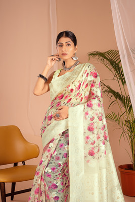 WISHLIST Digital Print Bollywood Cotton Blend Saree(Yellow)