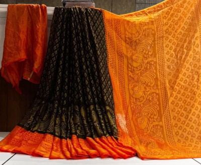 Fancy Fab Printed Bollywood Brasso, Chiffon Saree(Black, Orange)