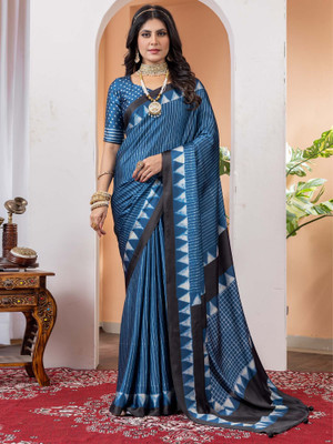 Tasrika Printed Hand Batik Crepe Saree(Blue)