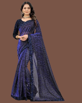 Vragi Solid/Plain Bollywood Lycra Blend Saree(Dark Blue)