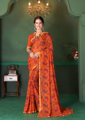 NIYAMI Printed, Floral Print Daily Wear Georgette, Chiffon Saree(Orange)