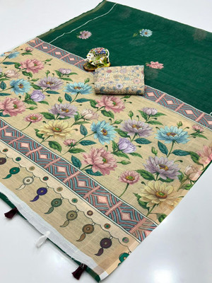 SDGRATITUDE Digital Print, Printed, Floral Print Daily Wear Cotton Linen, Linen Saree(Green)
