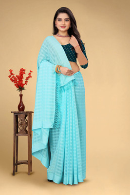 saanvi Self Design, Checkered Bollywood Chiffon Saree(Light Blue)