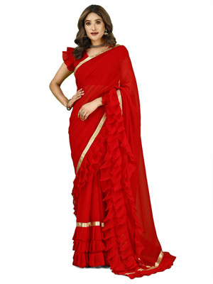 AMK FASHION Self Design, Solid/Plain Bollywood Georgette Saree(Red)