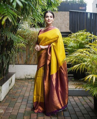 Anjaneya Sarees Woven Banarasi Silk Blend Saree(Yellow)