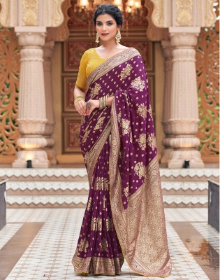 Satrani Dyed, Self Design, Woven Banarasi Silk Blend Saree(Purple, Gold)